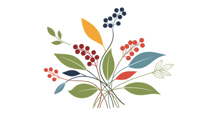 A vibrant abstract botanical illustration featuring a collection of colorful berries and leaves in a gentle bouquet arrangement.