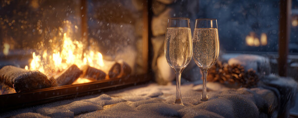 Cozy champagne glasses by glowing fireplace with falling snow and pinecone on wool bench