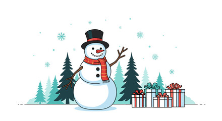 A cheerful snowman with a top hat and scarf stands in the snow with gifts and fir trees around him during a gentle snowfall.