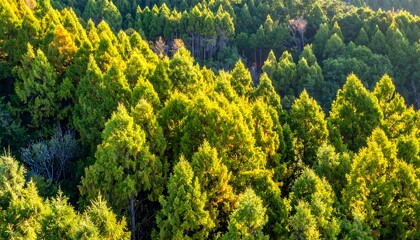 Aerial view of a sunlit, vibrant evergreen forest canopy