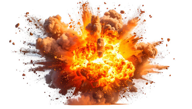 Dynamic image of an explosion, displaying fiery core and billowing smoke against a black background - Powered by Adobe