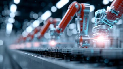 Robotic arm automation technology with digital data visualization working on assembly line in futuristic factory environment - Powered by Adobe