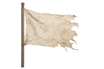 Old ragged white flag on flagpole representing surrender, defeat, truce, peace, or ending conflict, isolated object