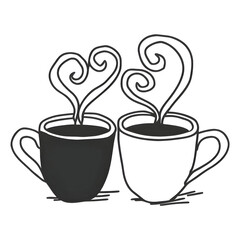 Romantic Coffee Cups with Heart Steam Outline Vector, Minimal Couple Drink Line Art, Love Morning Illustration, Elegant Valentine Clipart