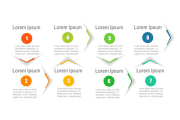 For business concept with 8 steps infographics, arrow shape with multicolor label, design for workflow layout, diagram, annual report, web design. vector illustration