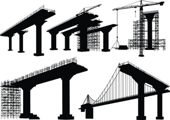 Bridge construction silhouette, cable-stayed design, scaffolding, cranes, piers, engineering stages, infrastructure development, elevated structure, civil 