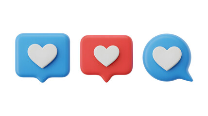 Speech bubble notification icons with heart symbol isolated on transparent background