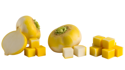 Whole and cut yellow turnip with diced pieces, isolated on transparent background