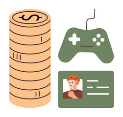 Gaming controller, coin stack, and ID card emphasizing video games, digital economy, finance, identity. Ideal for gaming, fintech, creative economy online business player data careers
