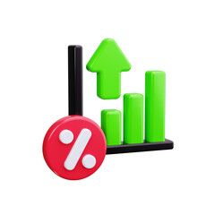 3D illustration of a rising bar chart with a green upward arrow and a red percentage symbol, depicting economic growth, business profit, and investment returns