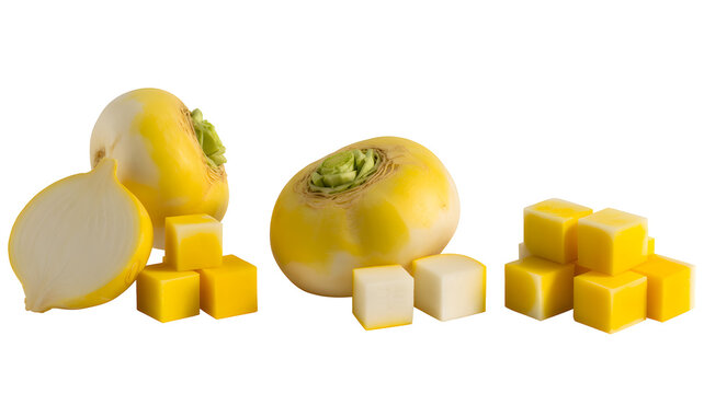 Whole and cut yellow turnip with diced pieces, isolated on transparent background - Powered by Adobe