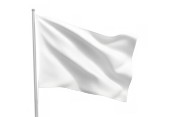 White flag waving on flagpole, symbolizing surrender, peace, truce, and blank advertising banner mockup