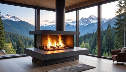 Modern fireplace with mountain view