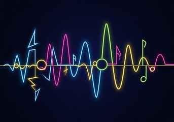A surreal digital artwork where neon geometric shapes and rhythmic lines evoke the feeling of music and harmony. Vibrant turquoise, pink, and yellow patterns intertwine over a dark blue background, re