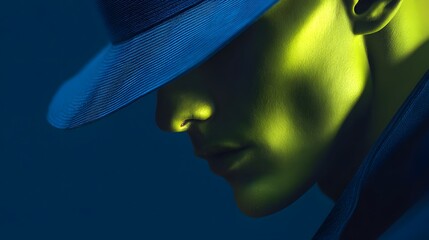 Person wearing a blue hat with dramatic green lighting.