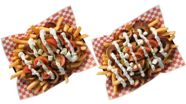 Two servings of loaded french fries with meat, vegetables, and sauce, isolated on transparent background