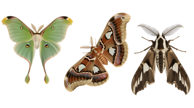 Three different species of moth isolated on transparent background