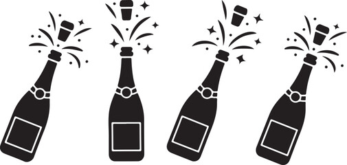 Set with black champagne bottle explosion vector icons. Uncorked cork from champagne. Exploded cork with sparkling champaign © Masud