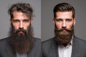 Before and after portrait of man with beard showing transformation after grooming and hairstyle improvement