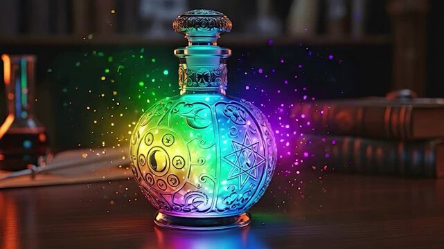 Ornate glowing potion bottle with multicolor liquid and magic particles on dark desk