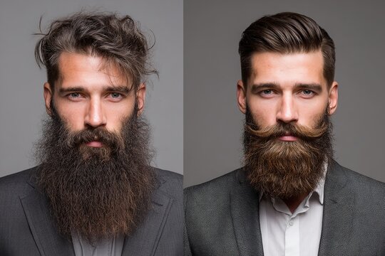 Before and after portrait of man with beard showing transformation after grooming and hairstyle improvement - Powered by Adobe