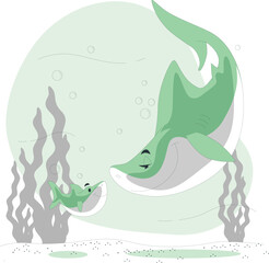 Two cartoon sharks, a large parent and a small child, swimming underwater with seaweed and bubbles Keywords: sharks, ocean, sea, underwater, marine life, aquatic, animals, wildlife, parent, child