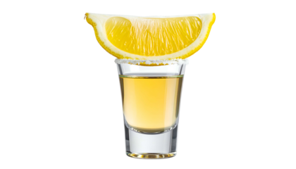 A shot glass of amber liquid with a lemon wedge and salt rim, isolated on black