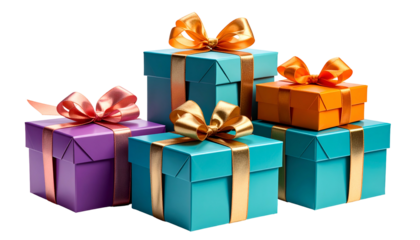 Colorful gift boxes stacked; various sizes and vibrant ribbons on a solid black background