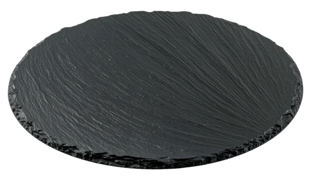A dark oval-shaped, textured slate serving platter with a rough edge