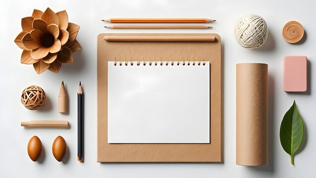 Minimalist stationery flat lay featuring notebook pencils eraser and wooden decorative elements design art