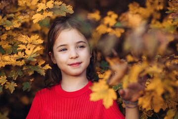 Girl in autumn nature, standing among autumn leaves.