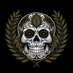 Elaborate sugar skull illustration with intricate floral patterns, surrounded by a laurel wreath, perfect for Day of the Dead themes or decorative purposes.