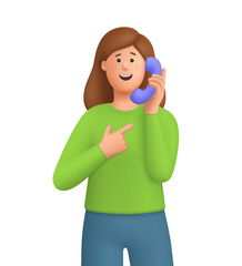 Young smiling woman Kate holding and pointing at phone receiver. Talk and call by telephone. Communication, conversation, support concept. 3d vector people character. Cartoon minimal style.