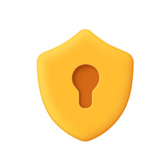 Yellow shield with a keyhole. Security, privacy protection, safe access, cyber security, antivirus and data safety concept. 3d vector icon. Cartoon minimal style.