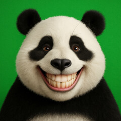 Obraz premium Funny panda with human-like grin on green background – humorous animal portrait, greenscreen, high-resolution 3D render