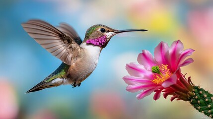 Hummingbird hovering near pink cactus flower with colorful background in a nature scene