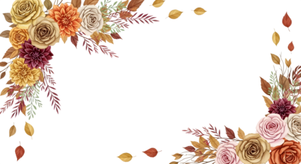 Elegant autumn floral arrangement with roses and dahlias in warm tones, isolated on transparent background