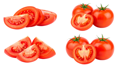 Four views of ripe tomatoes, whole, halved, and sliced, isolated on black background