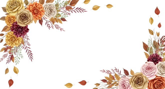 Elegant autumn floral arrangement with roses and dahlias in warm tones, isolated on transparent background