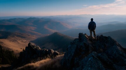 Fototapeta premium A lone hiker stands on a rocky mountain peak overlooking a vast landscape of rolling hills at sunrise