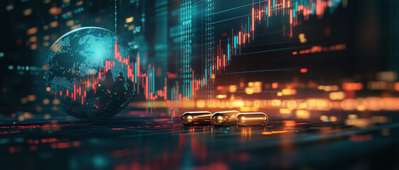 digital representation of global finance with capsules and stock charts, showcasing intersection of health and investment. vibrant colors evoke sense of innovation and opportunity