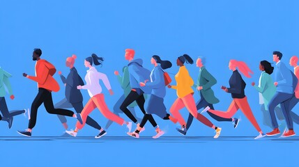 Diverse group of people run together across a blue background.