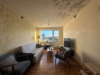 Modern living room interior with city view 