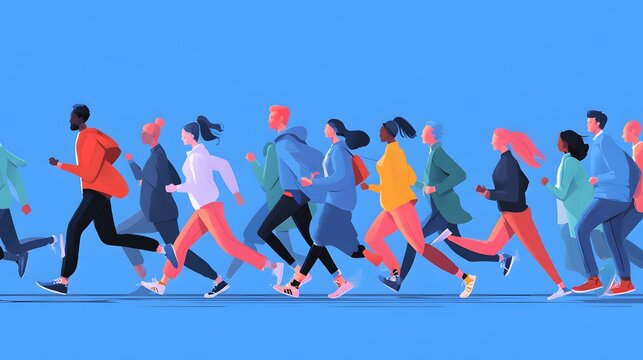Diverse group of people run together across a blue background.