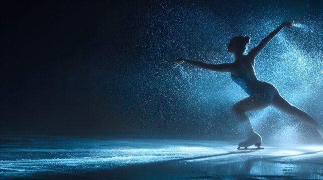 A lone figure skater performs amidst a dramatic blue water spray.