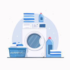 Modern washing machine vector featuring soap containers and clothes basket suitable for home appliance and lifestyle illustration