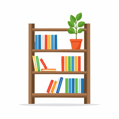Vector illustration of a wooden bookshelf filled with colorful books and home decor items for interior and education design