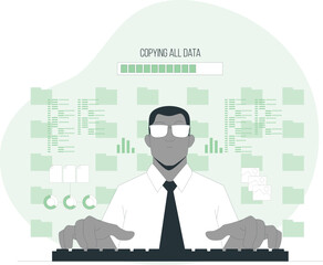 Man at keyboard with loading bar and files, illustrating data copying process transfer