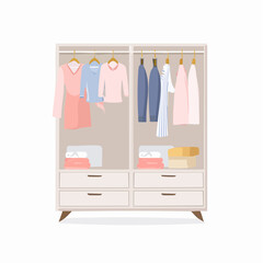Open Wardrobe Vector Illustration Showing Hanging Clothes, Shelves, and Organized Fashion Items, Perfect for Home, Interior Design, and Clothing Projects
