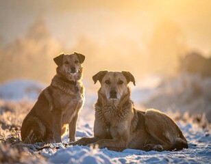 Two brown dogs, bathed in warm sunlight, rest on a snowy ground with a blurred, golden background